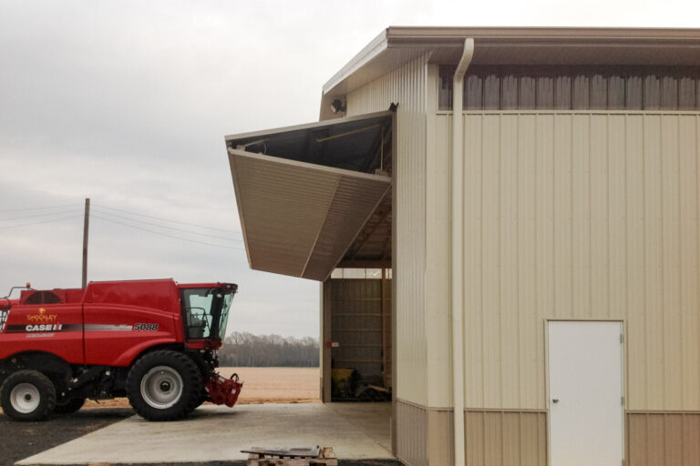 large implement shed with wide doorway